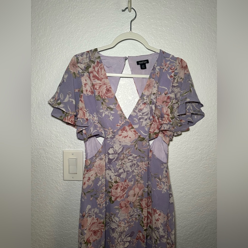 Floral Lavender Maxi Print Angel Sleeve Long Cut Out Open Back Dress - Picture 5 of 7